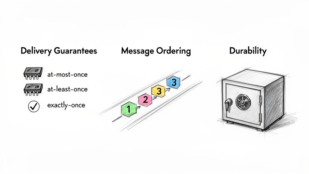 An illustration explaining message queuing concepts: delivery guarantees, message ordering, and durability.
