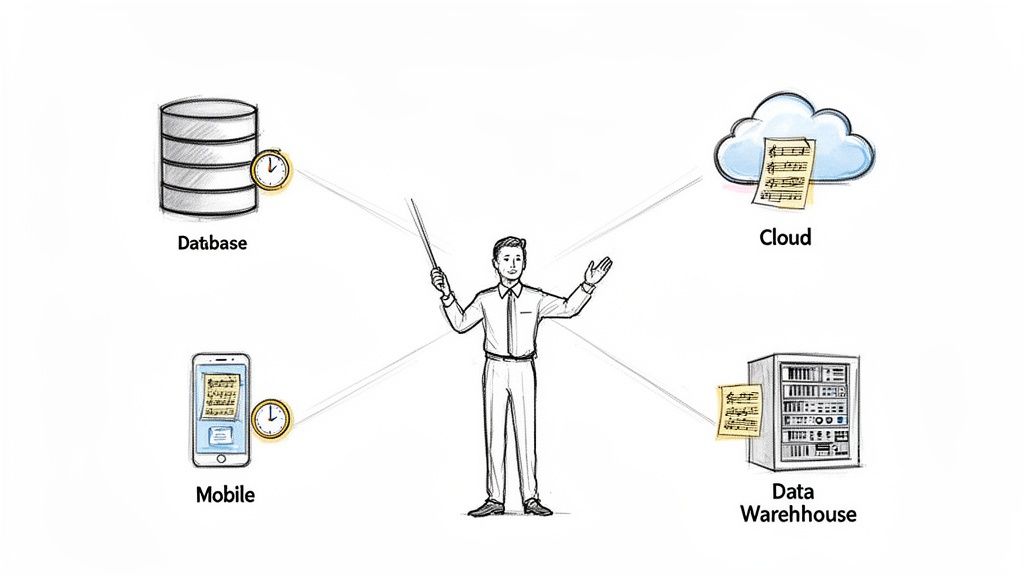 A conductor orchestrates data synchronization across a database, mobile, cloud, and data warehouse.