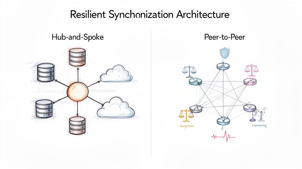 Diagram comparing Hub-and-Spoke and Peer-to-Peer architectures for resilient synchronization, showing their distinct network structures.