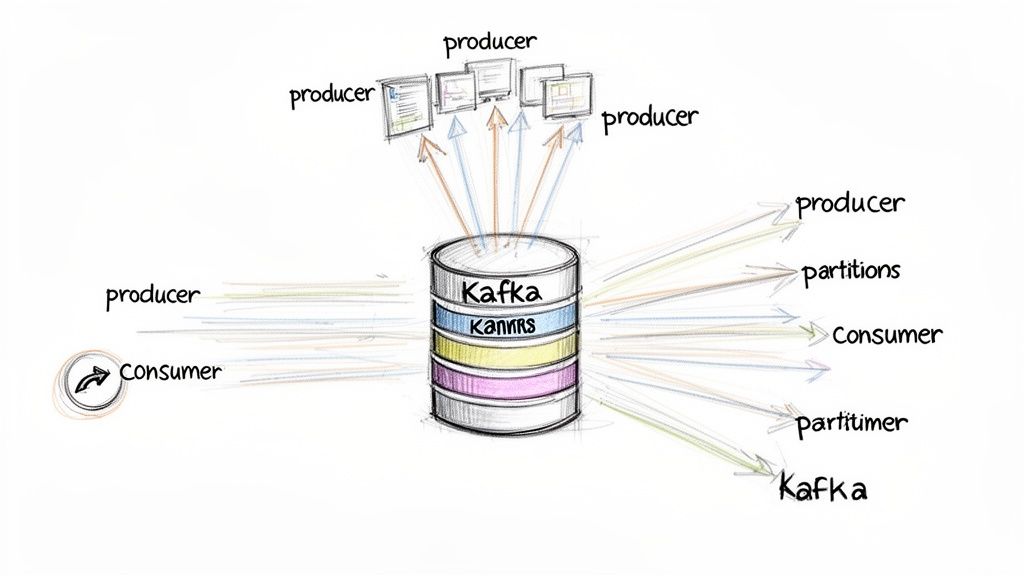 Diagram illustrating Kafka data streaming, with multiple producers sending data and consumers receiving partitioned data.