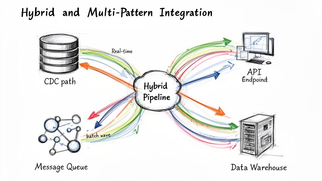 Diagram showing a hybrid data pipeline integrating CDC, message queues, API endpoints, and data warehouses with real-time and batch flows.
