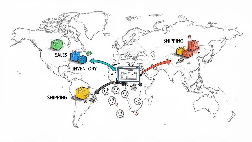 World map illustrating global sales, inventory, and shipping processes with data integration challenges.