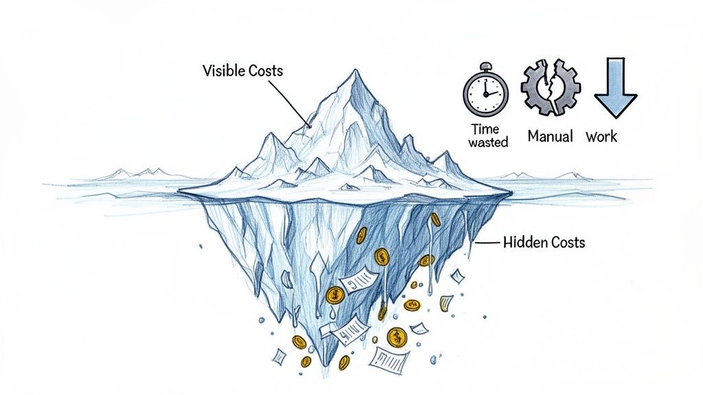 Iceberg diagram illustrating visible costs above water and significant hidden costs below, including wasted time and manual work.