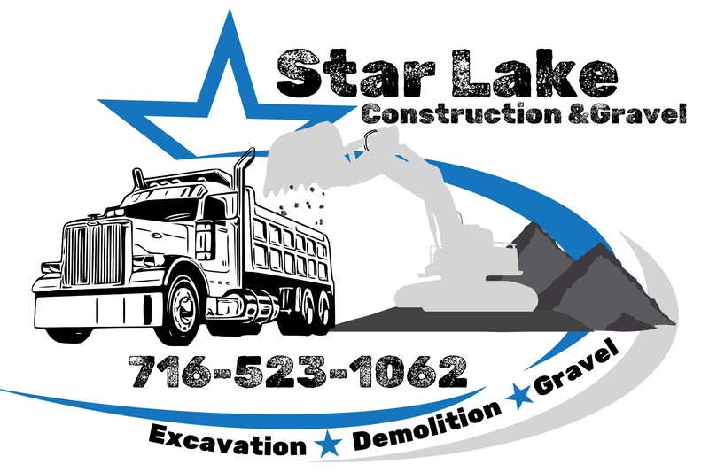 Logo for Star Lake Construction & Gravel featuring a dump truck, excavator dumping gravel, phone number, and services: Excavation, Demolition, Gravel.