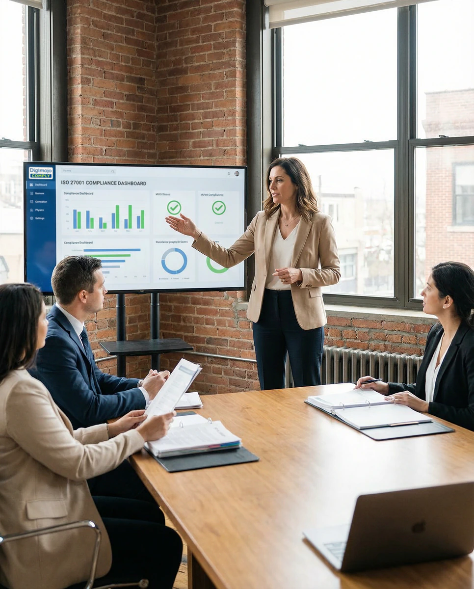 Geschäftsfrau präsentiert in einem Besprechungsraum mit Ziegelwand eine ISO 27001 Compliance-Dashboard-Analyse auf einem Bildschirm vor zwei Männern und einer Frau.