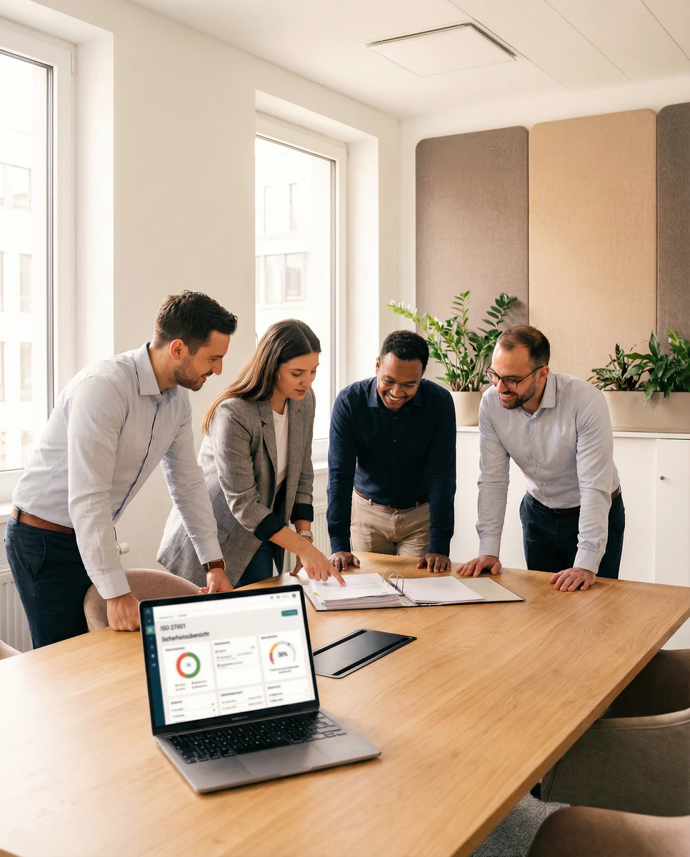 Vier Geschäftspersonen stehen um einen Tisch und überprüfen gemeinsam Dokumente, im Vordergrund ein Laptop mit einer ISO 27001 Sicherheitsübersicht.