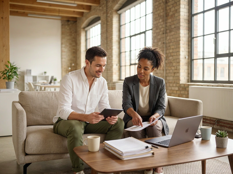 Zwei Kollegen sitzen auf einem modernen Sofa in einem hellen Büro, besprechen Dokumente und nutzen ein Tablet und einen Laptop.