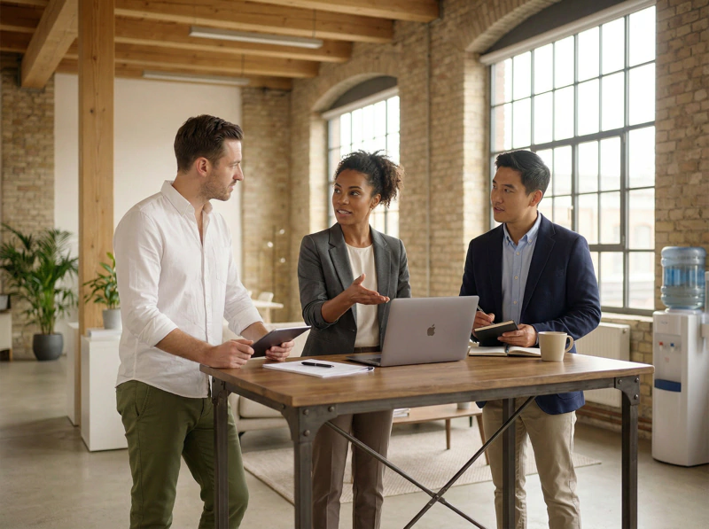 Drei Kollegen stehen an einem Tisch in einem modernen Büro und diskutieren strategisch mit Laptop, Tablet und Notizbuch.