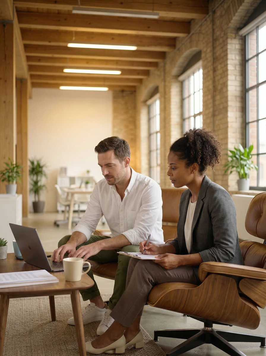 Zwei Fachleute in einem modernen Büro besprechen etwas an einem Laptop, eine Frau macht Notizen auf einem Clipboard.