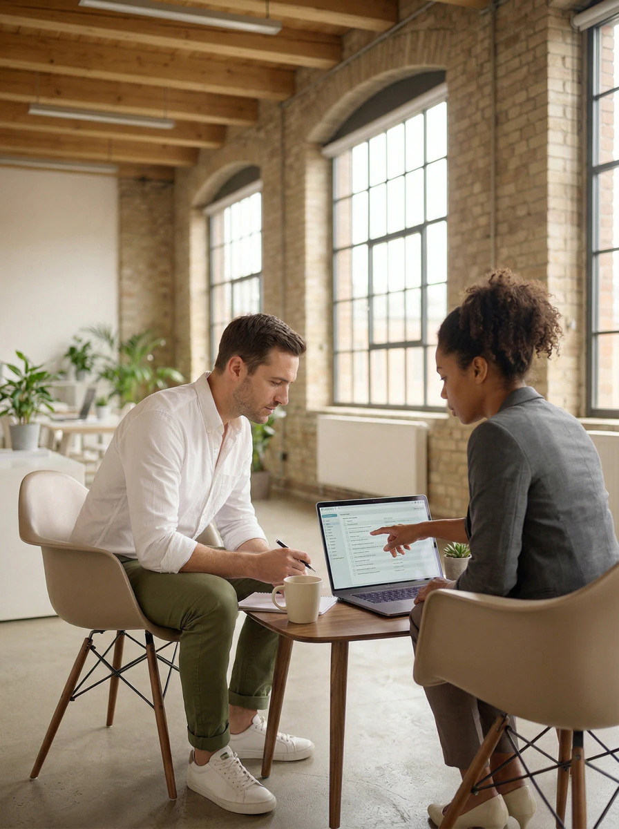 Ein Consultant und der Kunde besprechen eine strukturierte Checkliste auf einem Laptop in einem hellen Büro mit Backsteinwänden.