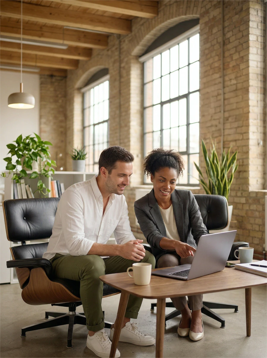 Zwei Berufstätige, ein Mann und eine Frau, diskutieren zusammen und schauen auf einen Laptop in einem modernen Büro mit Backsteinwänden und großen Fenstern.