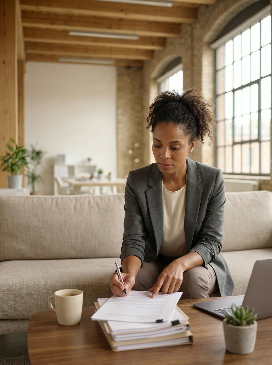 Frau in grauem Blazer überprüft und unterschreibt Dokumente auf einem Holztisch mit Laptop, Kaffeetasse und kleinem Pflanzentopf in einem Büro mit großen Fenstern.