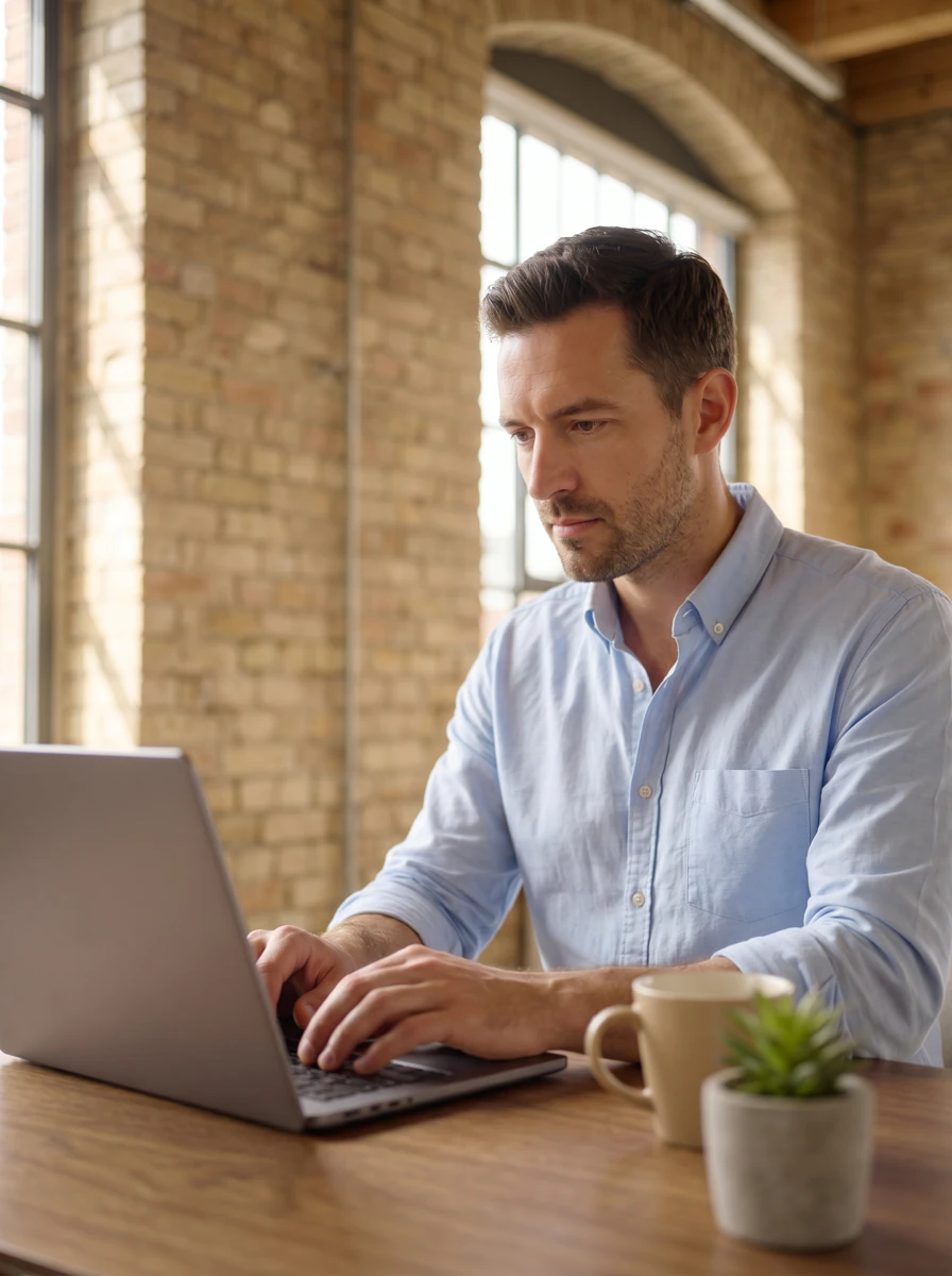 Mann in hellblauem Hemd arbeitet konzentriert an einem Laptop in einem Raum mit Backsteinwänden.
