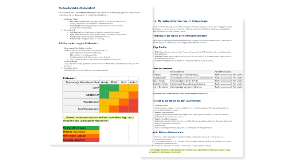 Screenshots der Digimojo Notfallplan-Vorlage für kleine Unternehmen