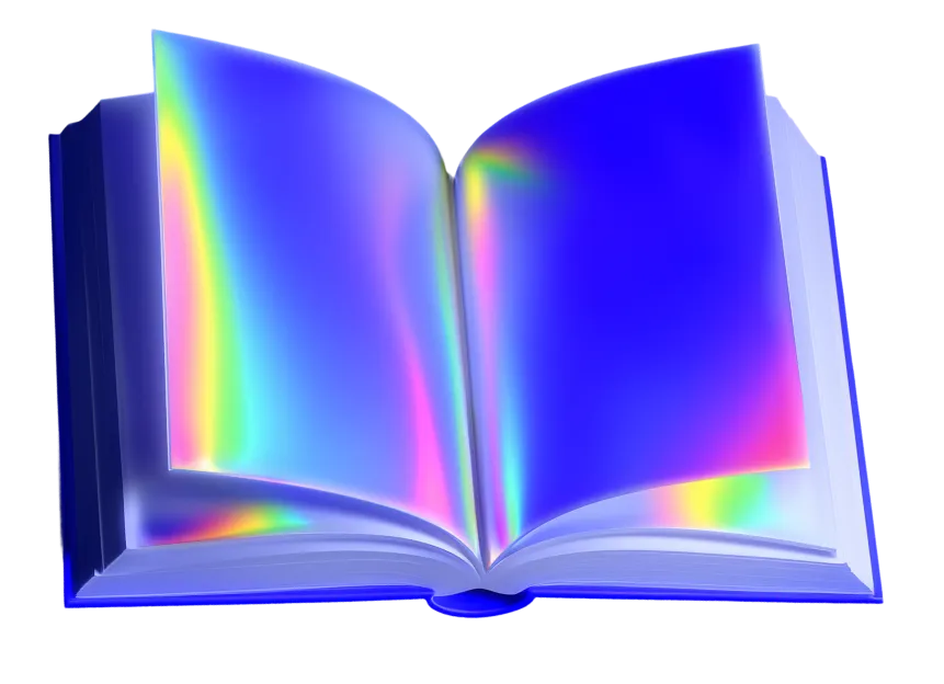 Open book with iridescent, rainbow-colored pages glowing against a transparent background.