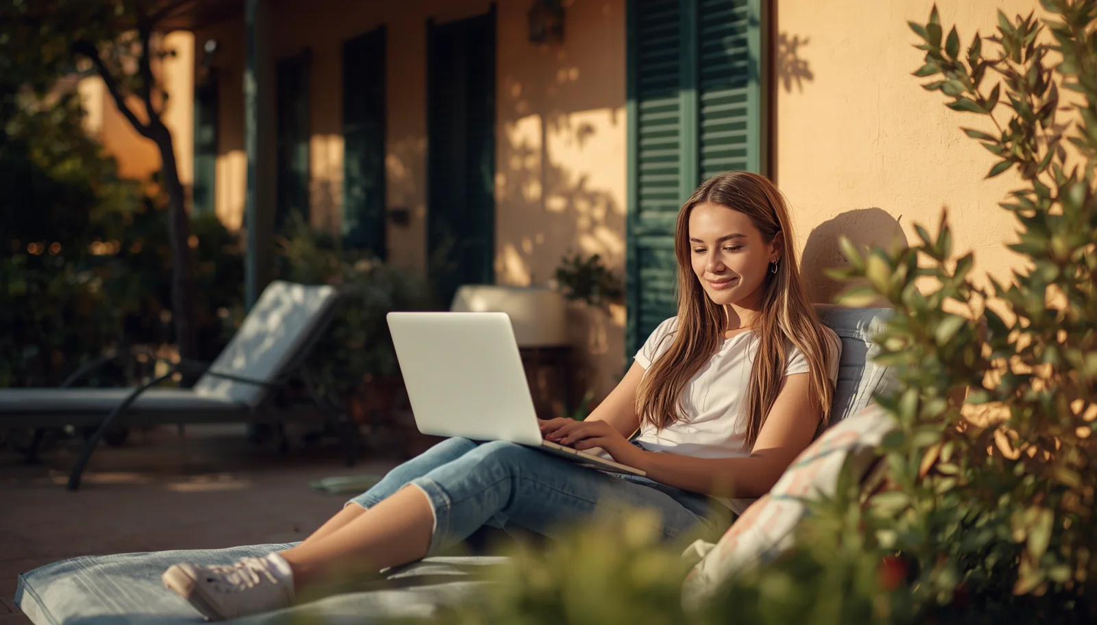 Ragazza che navega in terrazza grazie alla rete Wi-Fi Mesh di Link Telecomunicazioni