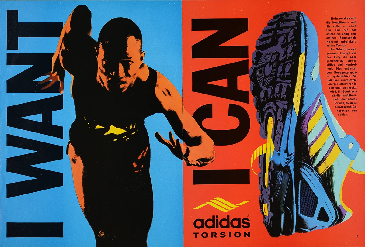 Archival adidas print materials showing ZX 8000 branding and design history.
