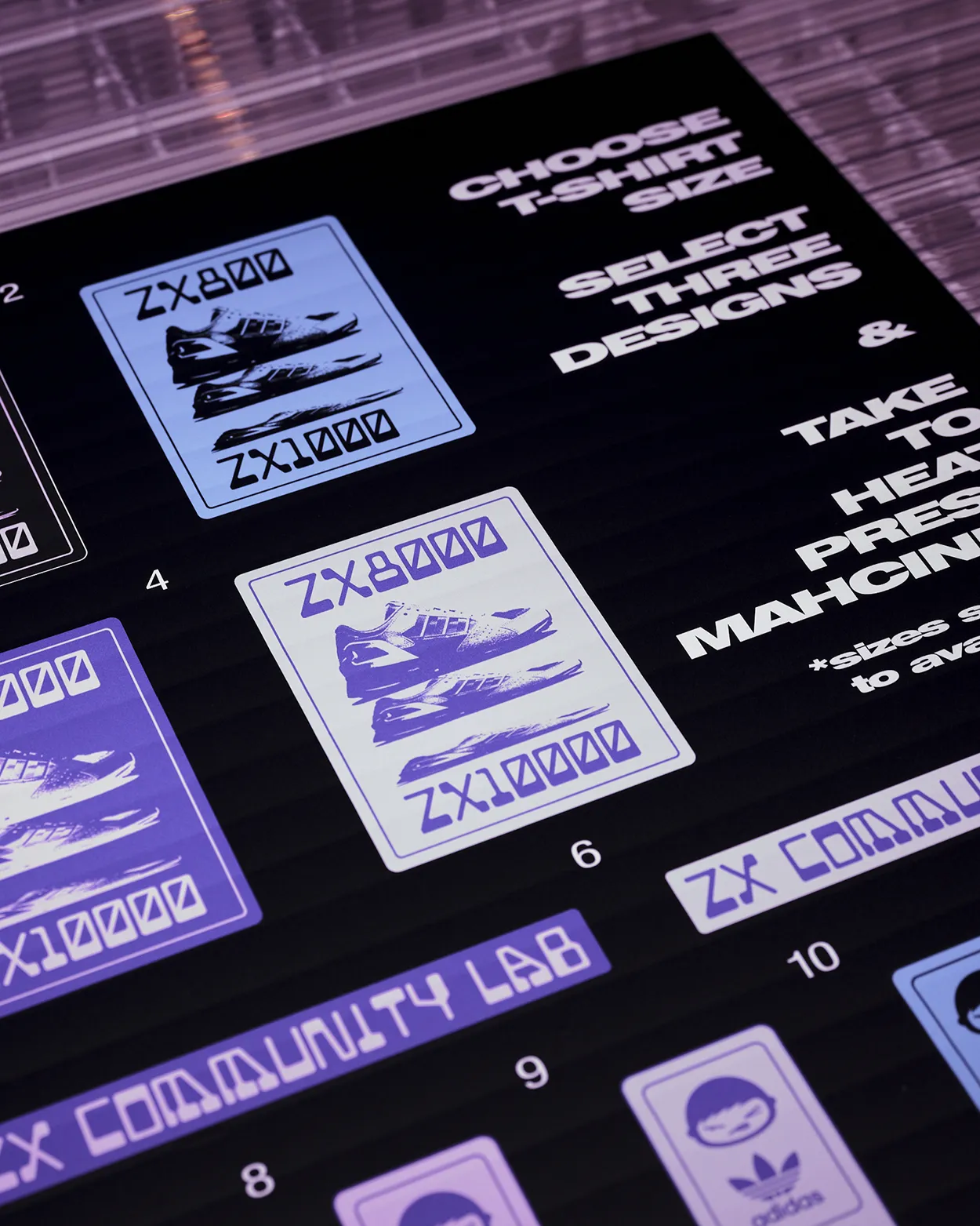 Graphic interface displaying shoe designs labeled ZX800 and ZX1000 with instructions to choose T-shirt size, select three designs, and use a heat press machine.