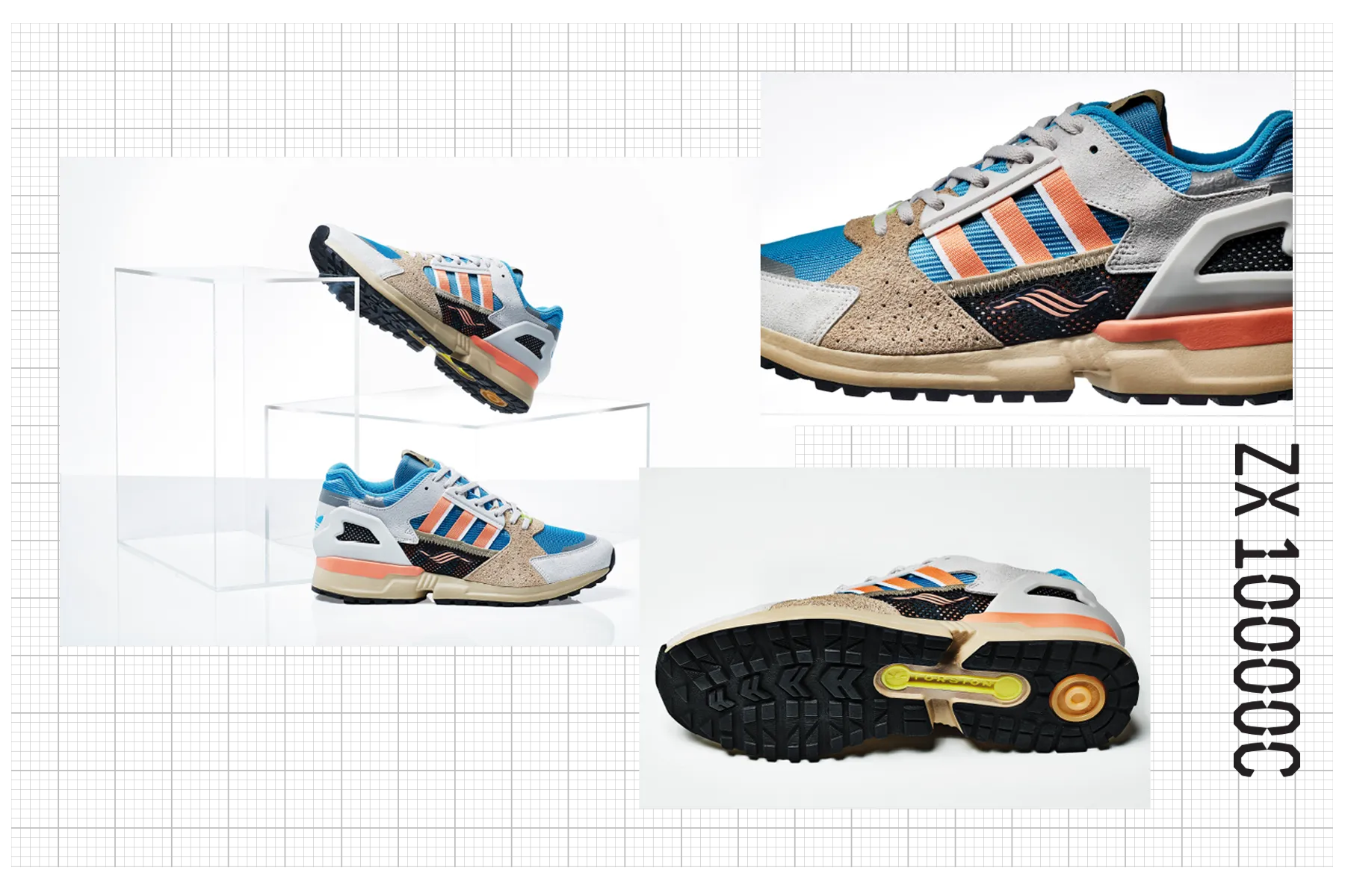 Graphic featuring detailed shots of the ZX 10,000 C, a shoe created by Jacques Chassaing in 2019.