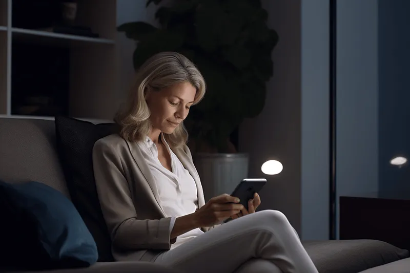 A woman in a white shirt is sitting on a couch and looking at her phone.