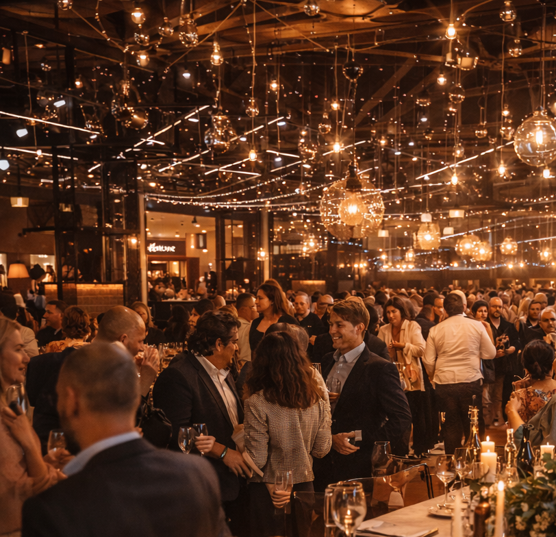 Beleuchteter Bankettsaal mit vielen Personen, die sich bei einem festlichen Event unterhalten.