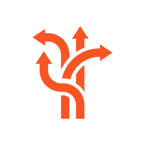 Fünf orangefarbene Pfeile zeigen in verschiedene Richtungen, symbolisieren Wahlmöglichkeiten und Orientierung.