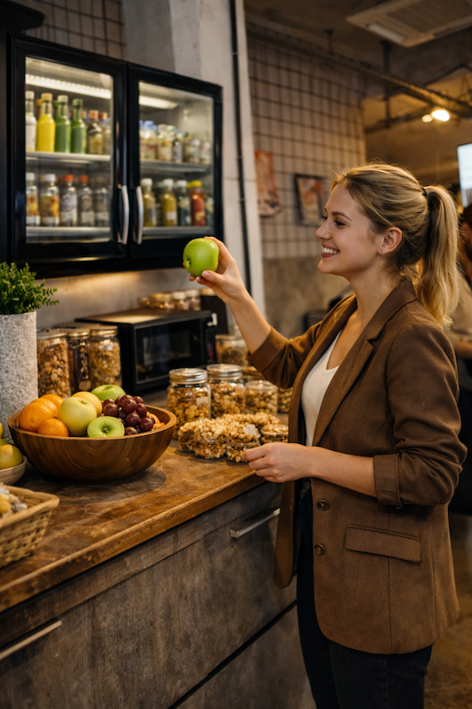 Frau in braunem Blazer nimmt grünen Apfel aus Holzschale mit Obst in moderner Küche.