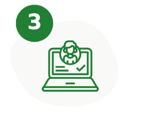 Grünes Symbol mit einer Zahl 3 und einem Laptop, auf dem eine Person und ein Häkchen angezeigt werden.