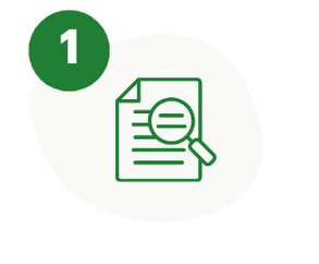 Grüne Grafik mit einer nummerierten 1 über einem Dokument und einer Lupe.