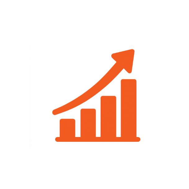 Orangefarbige Balkendiagramm mit aufsteigendem Pfeil, der Wachstum oder Umsatzsteigerung symbolisiert.