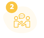 Zwei stilisierte Personen im Gespräch mit einer Sprechblase und der Zahl 2 in einem gelben Kreis.