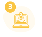 Icon eines Laptops mit einer dargestellten Person und einem Häkchen, daneben eine orangefarbene Zahl 3 in einem Kreis.
