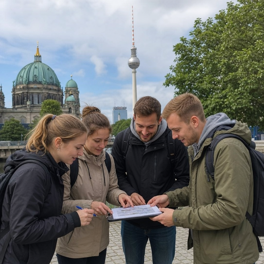 Team löst gemeinsam eine Outdoor-Aufgabe in Berlin