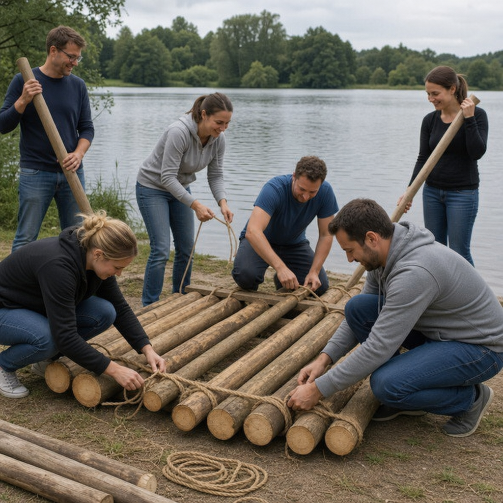 Kolleginnen und Kollegen bauen gemeinsam ein Floß am See