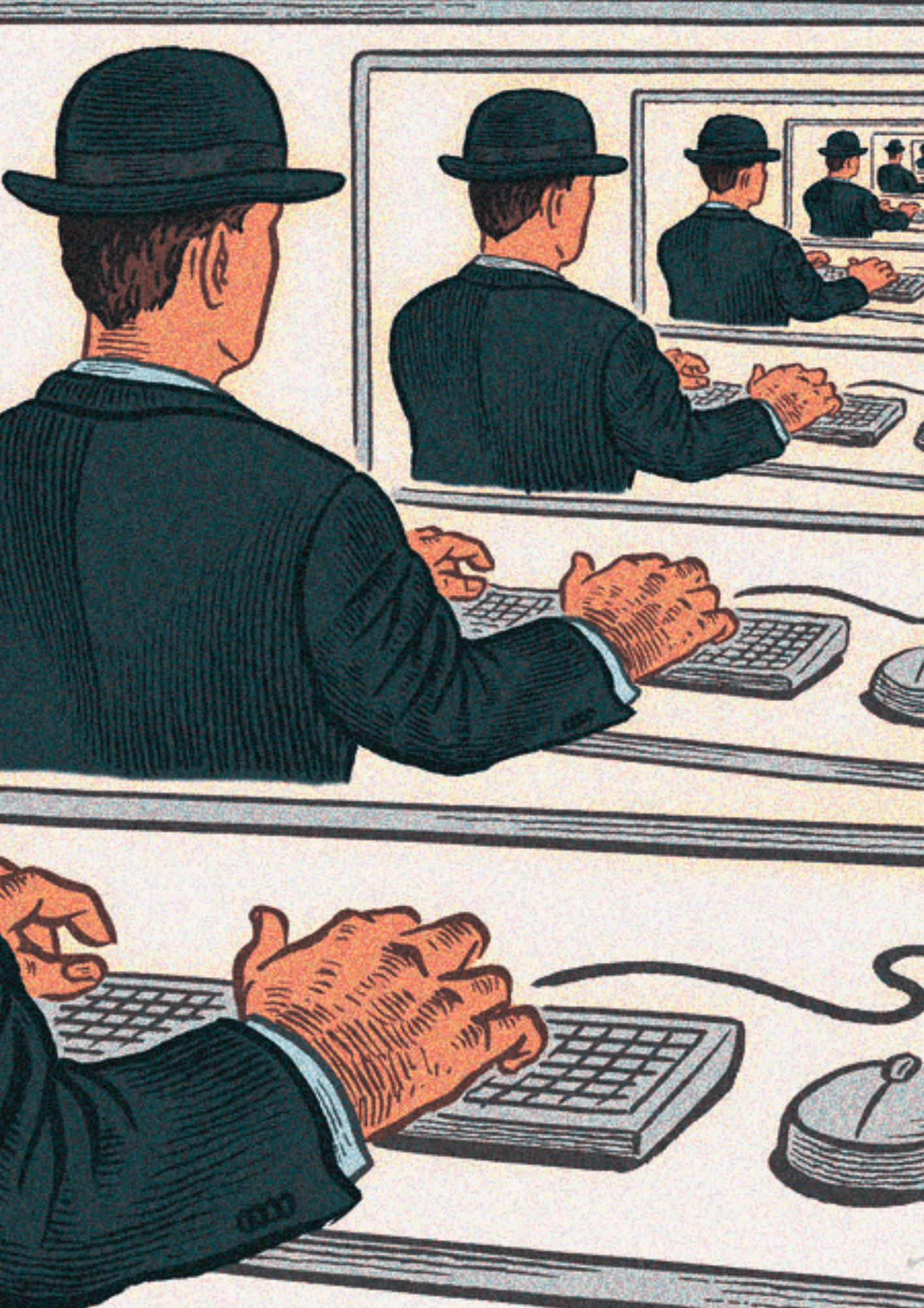 A man on a computer, with the same image repeated on the computer screen. Conveys the idea of an echo chamber.