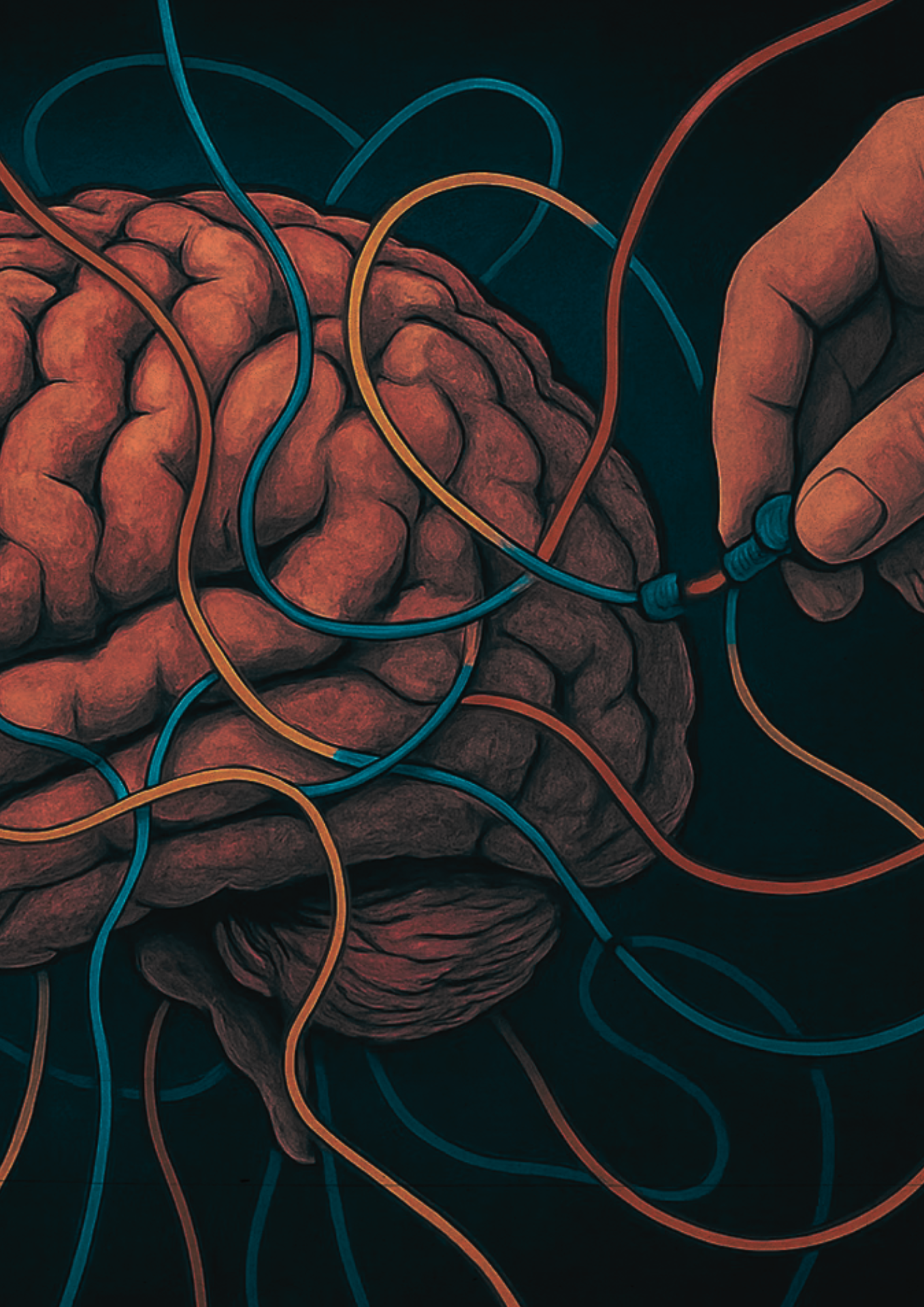 A artistic cartoon of a brain with wires around it, with a hand connecting them together.