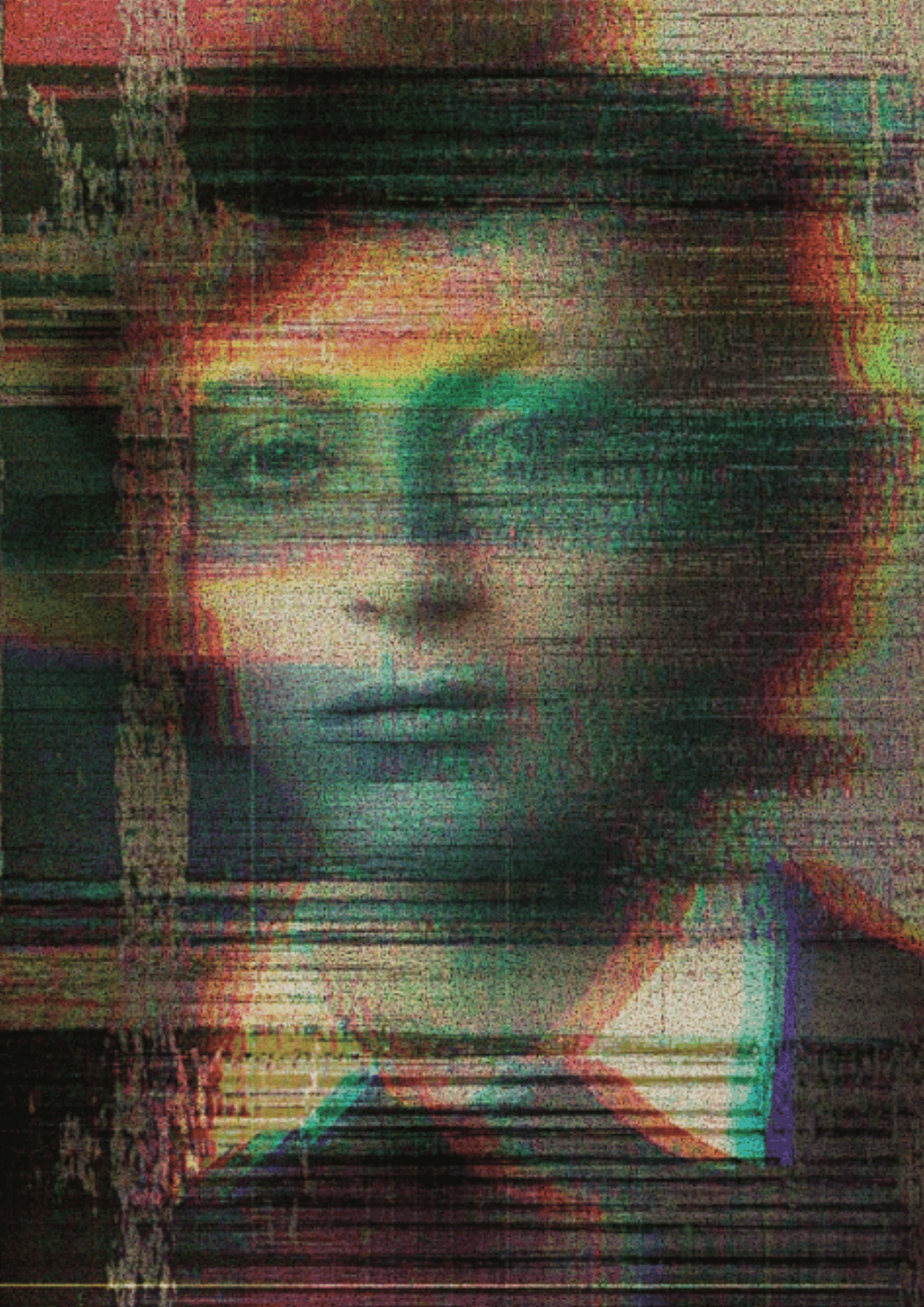 An old photograph of a woman that has been electronically distorted.