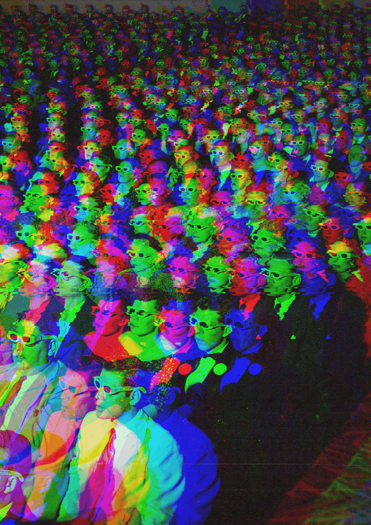 A 1960s cinema with the audience in cinema glasses, distorted electronically with bright colours.