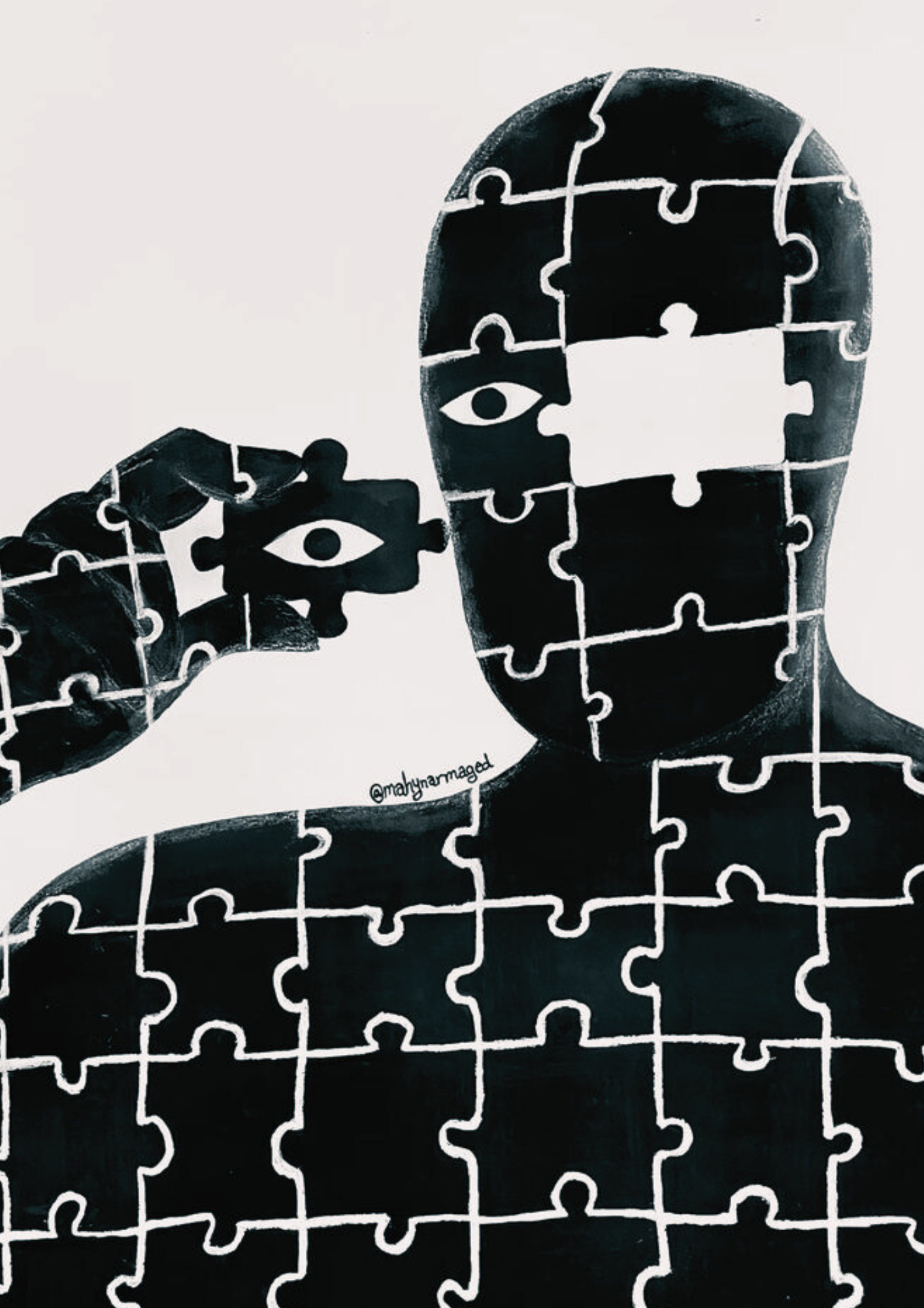 An artistic drawing of a person made of puzzle pieces.