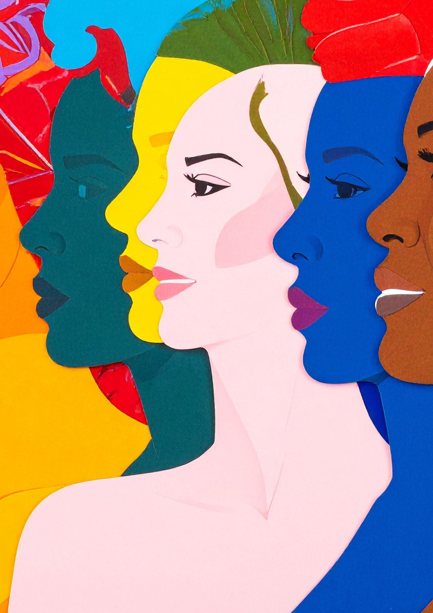 Art of peoples faces side on in multiple bright colours.