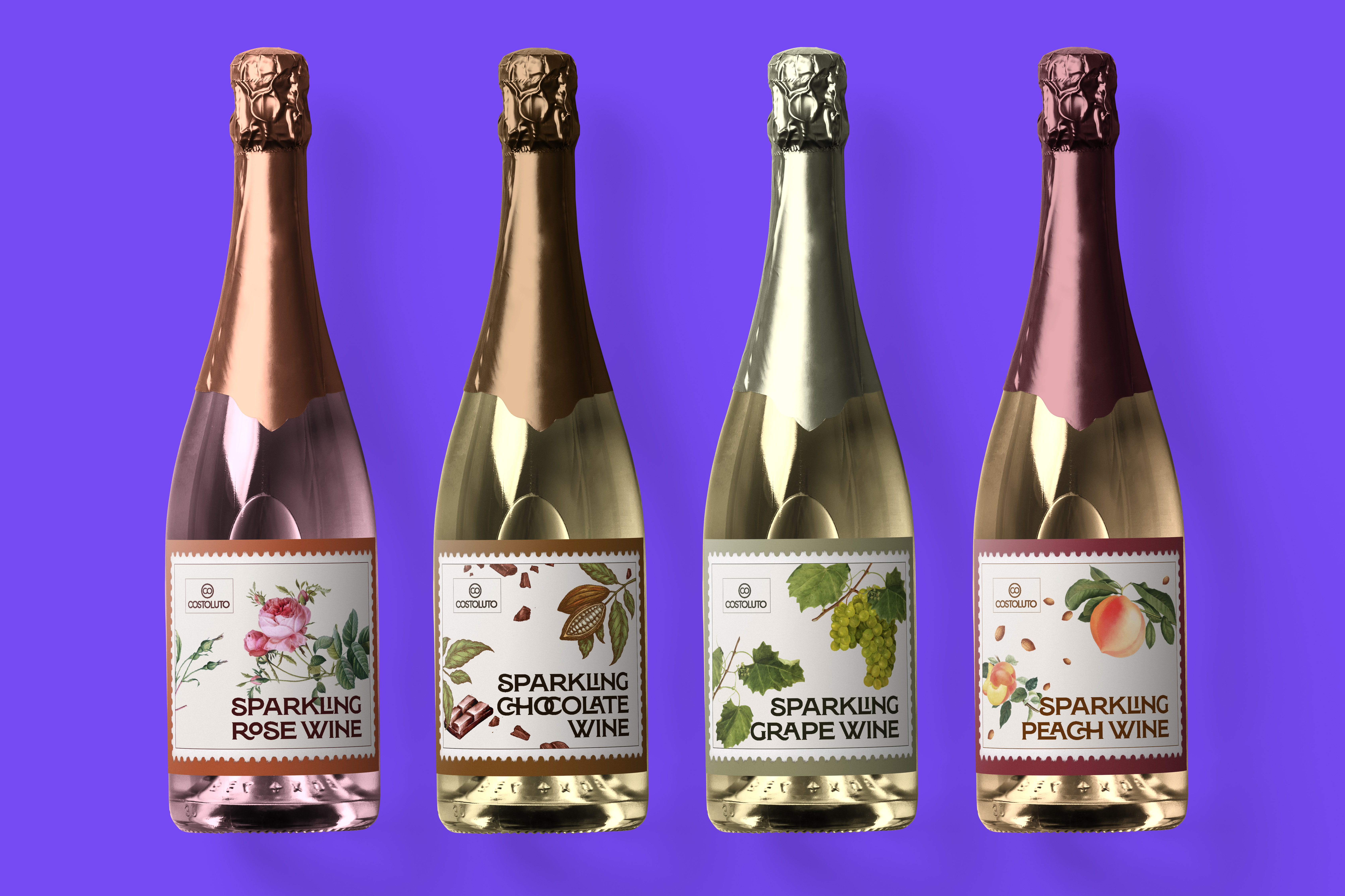 Label design for a Prosecco collection: bottle mockups showcasing Art Nouveau (Stile Liberty) graphics and typography. The designs represent different flavors—Rose, Chocolate, White Grape, and Peach—blending intricate vintage ornaments with a modern color palette.