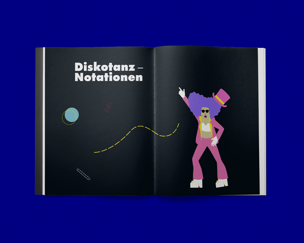 Book design featuring a Memphis-style illustration of a person dancing in a disco. The cover utilizes bold geometric shapes and dynamic patterns in vibrant colors against a black background, reflecting the lively atmosphere of a nightclub.