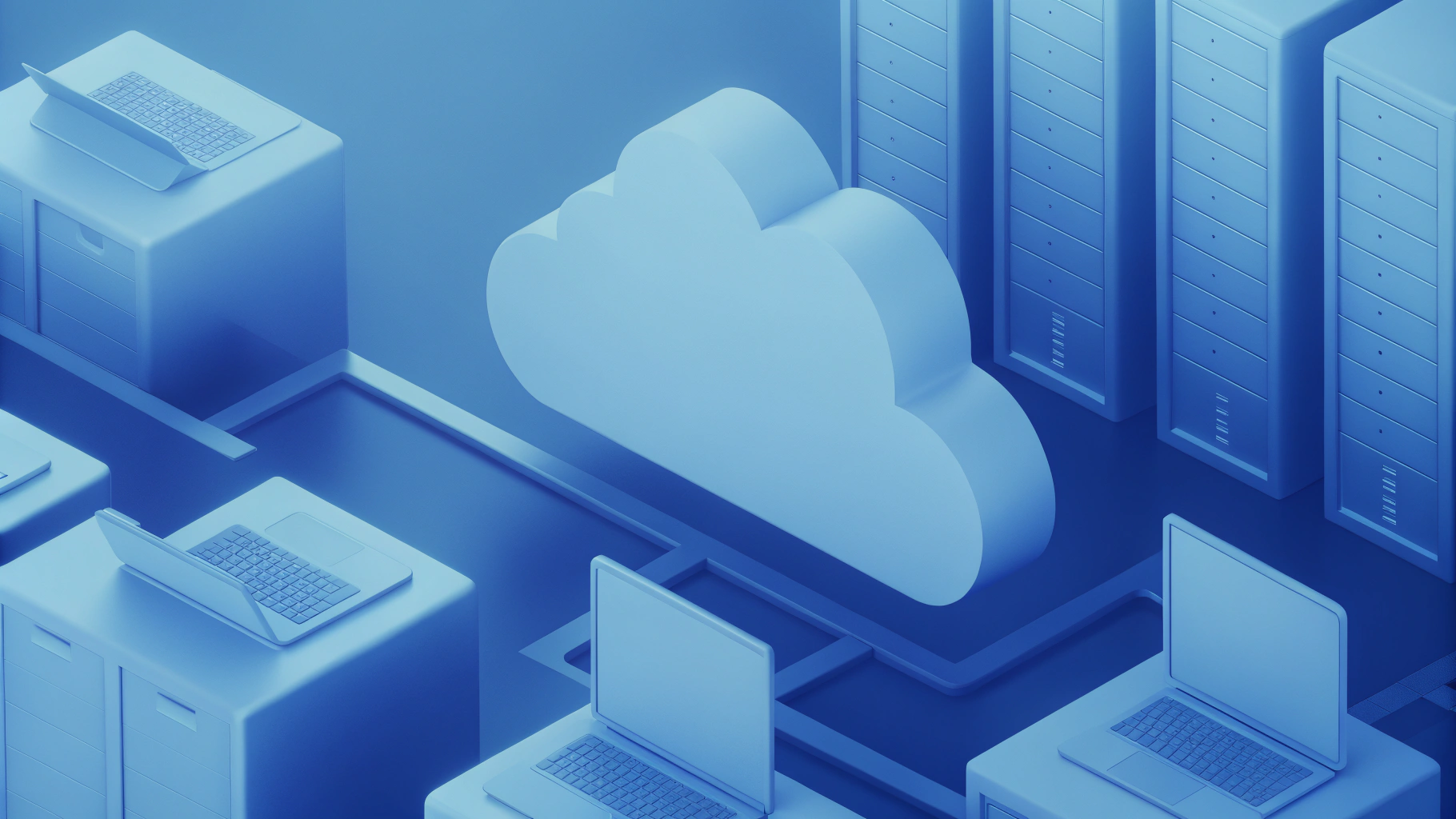 3D illustration of cloud computing network connecting laptops and server racks.
