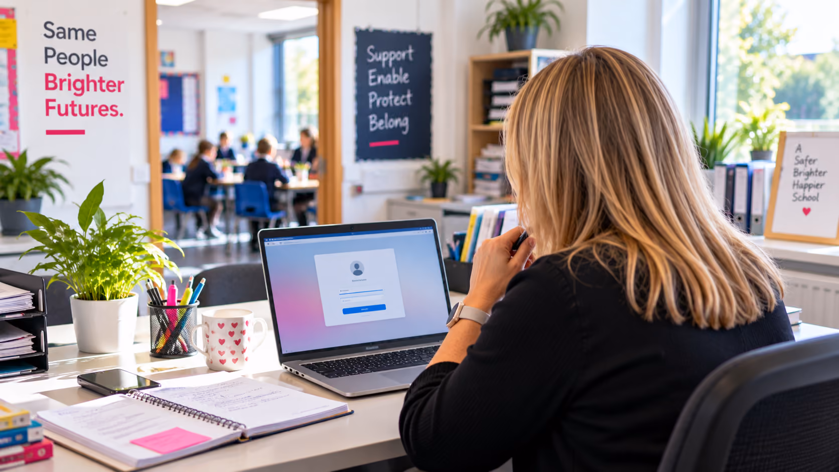 A teacher checking an email on a school laptop in a classroom