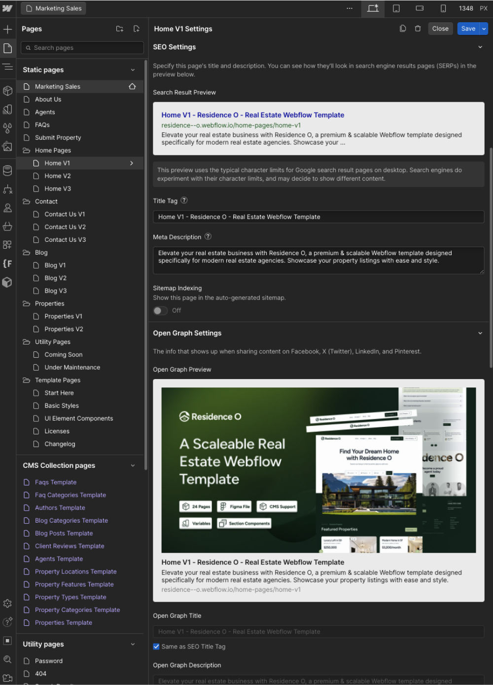 Webflow Seo Settings - Residence O - A Scaleable Real Estate Webflow Template