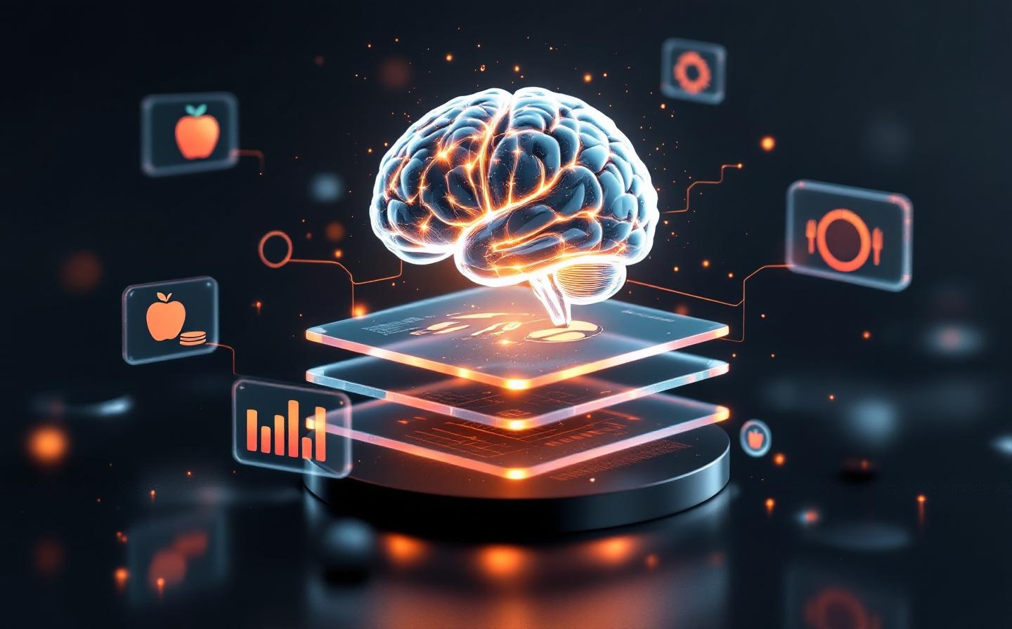 Illustration conceptuelle de la mémoire nutritionnelle - cerveau lumineux entouré de couches de données alimentaires