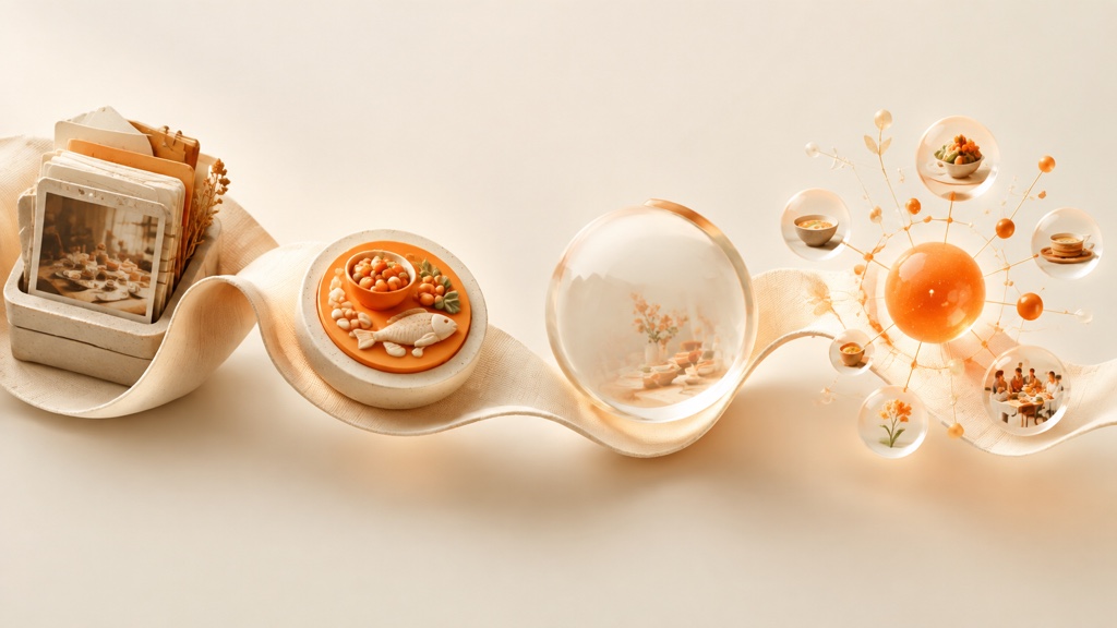 A cream ribbon of meal memories passing through four history objects into an orange constellation