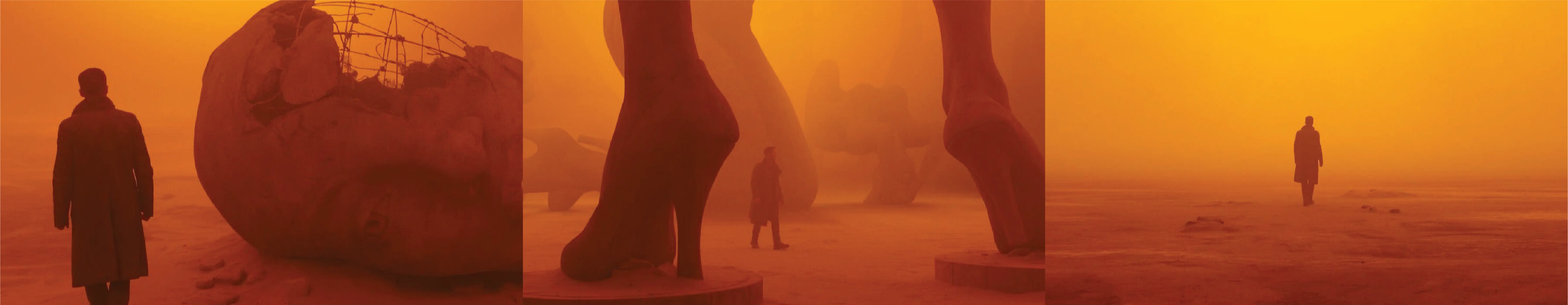 Cinematic Blade Runner 2049 stills of a figure amid giant statues in an orange dust-filled wasteland.