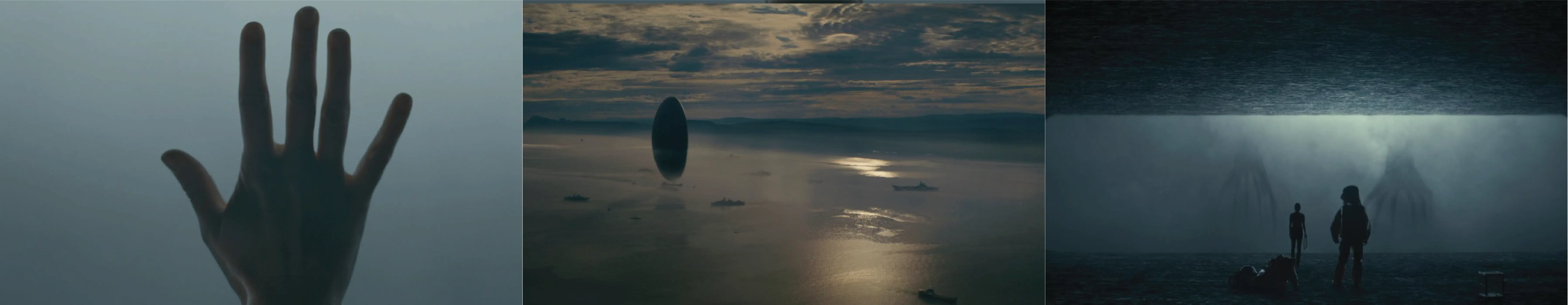 Cinematic Arrival film stills: hand on glass, alien shell over water, and figures at a misty wall.