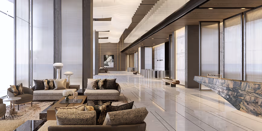 Luxury high-rise lobby with floor-to-ceiling fluted acoustic screens and sculpted sound-absorbing ceiling.
